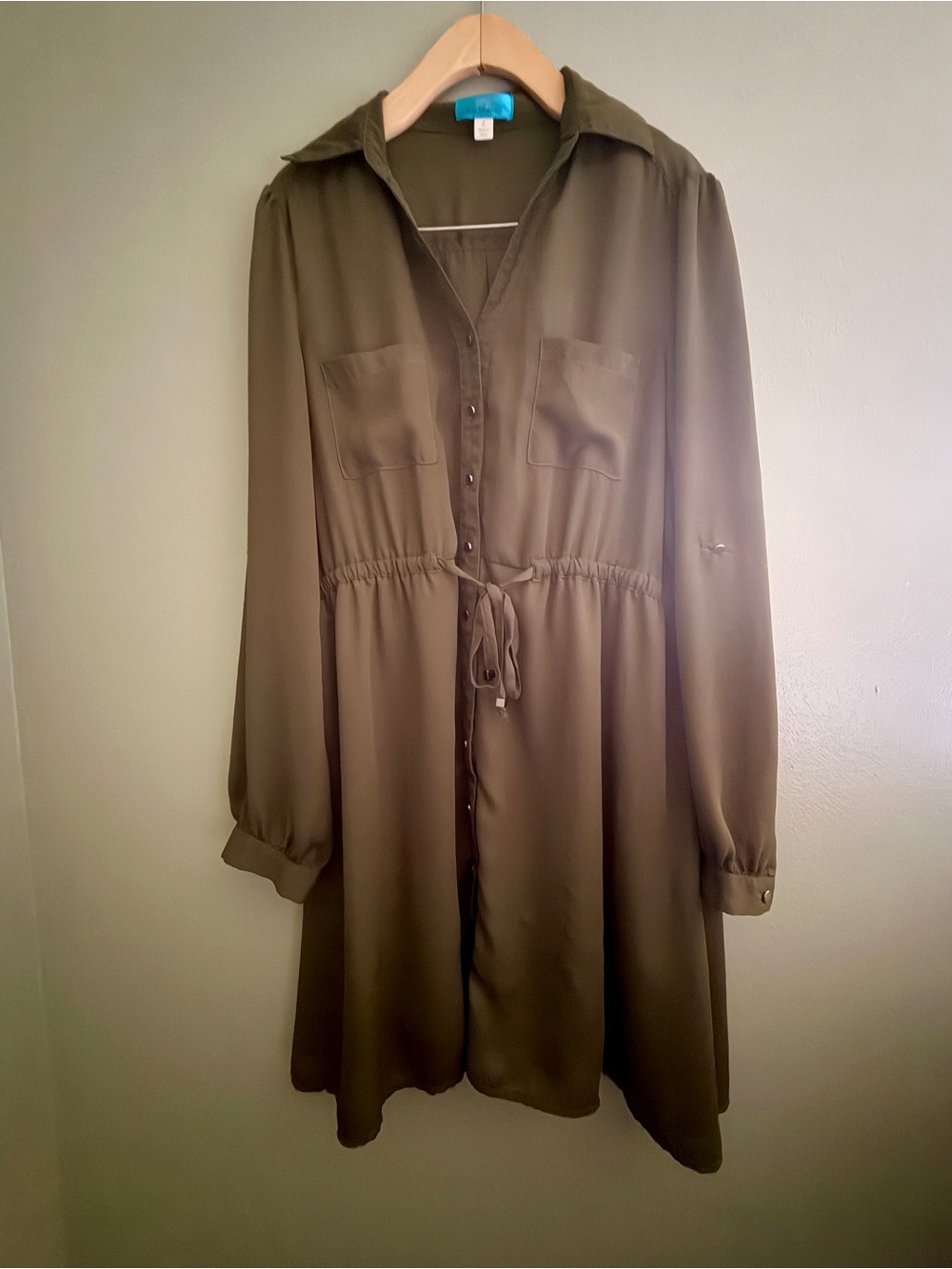 Olive Green Long-Sleeve Button-Front Shirt Dress